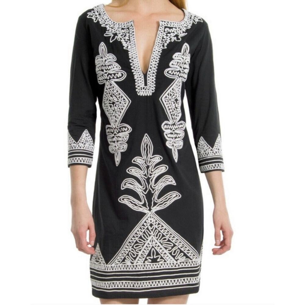 Gretchen Scott Black Tunic Dress Lined Embroidered V-Neck Midi-Sleeve - XS